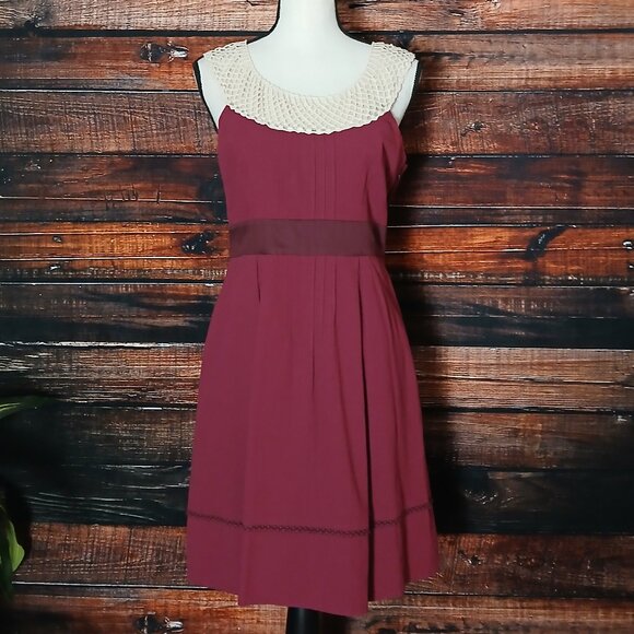 Floreat Anthropologie Dress 6 Retro Raspberry Crochet Yoke Collar Pockets - Picture 2 of 12